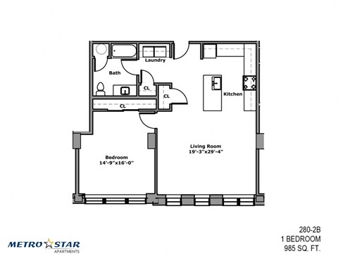 Floor plan for 1 bed, 1 bath, 1035 sqft